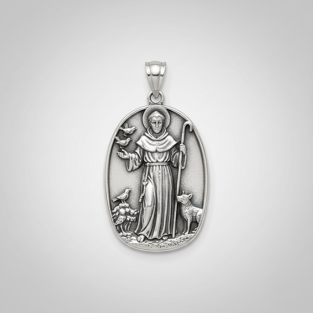 Foto realista de produto para e-commerce. Produto real, proporções corretas, enquadramento vertical (1:1 – formato padrão Shopify), iluminação de estúdio uniforme. Fundo neutro limpo, adequado ao produto, com espaço vazio no canto superior esquerdo. Produto centralizado, sem pessoas, sem textos. Alta resolução (mínimo 2000×2000 px), nitidez profissional, pronto para loja Shopify.
PRODUTO: Pingente de São Francisco 